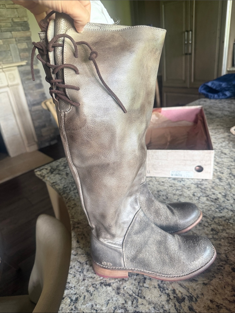 BED STU Manchester Women's Tall Lace-Up Leather Boots in Taupe 8.5